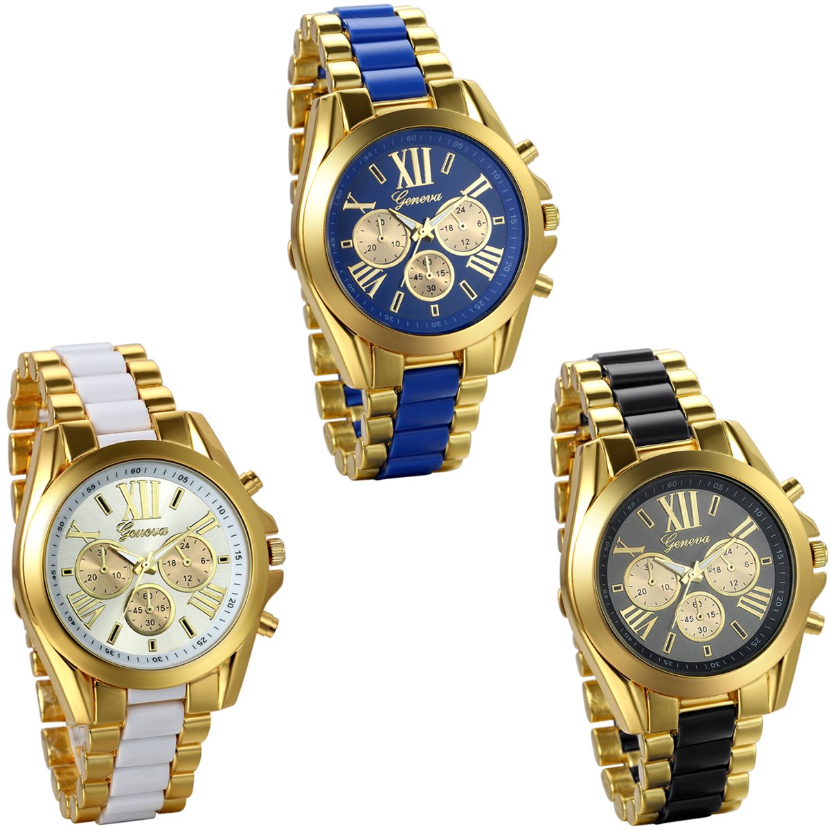 JewelryWe Wholesale 3PCS Men's Roman Numbers Dial Two-Tone Stainless Steel Watches