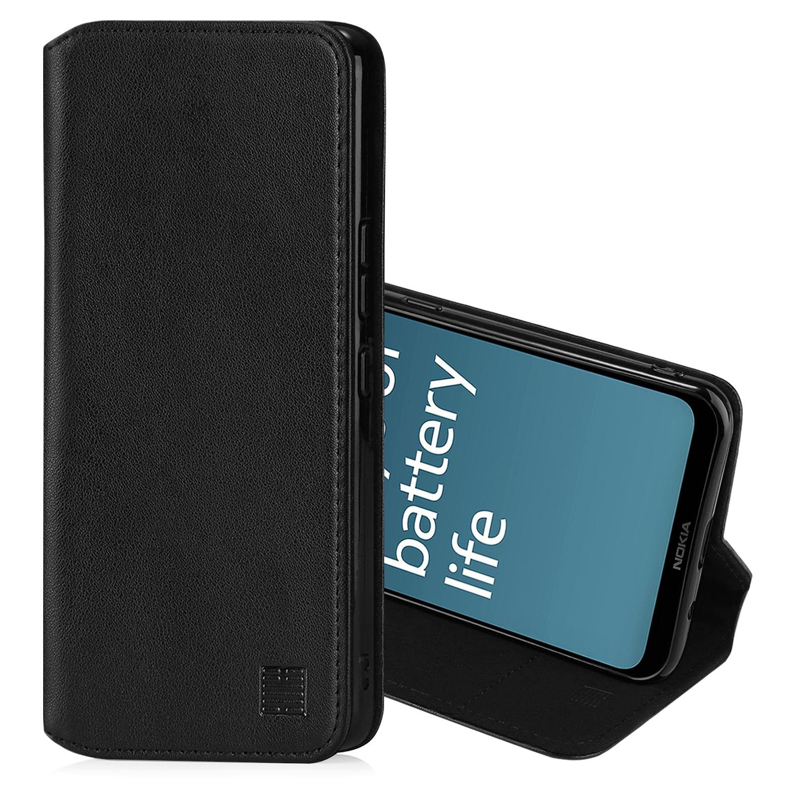 32nd Classic Series 2.0 - Real Leather Book Wallet Flip Case Cover For Nokia C21 Plus, Real Leather Design With Card Slot, Magnetic Closure and Built In Stand - Black