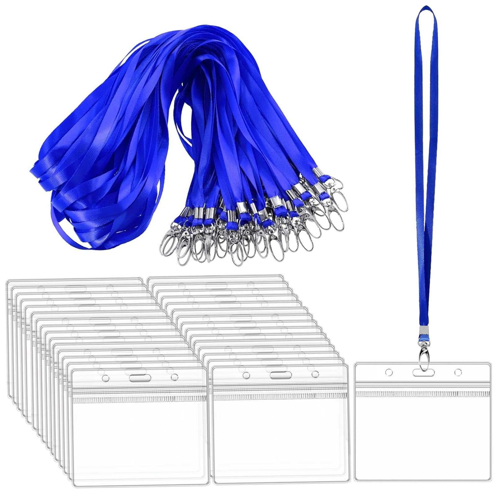 HEITAOZHUANYING 40 Packs Lanyard with Card Holder, Horizontal Sealable Waterproof Clear Plastic, Blue Lanyard, for Id Cards, Office, School, Exhibition, Bus Passes.