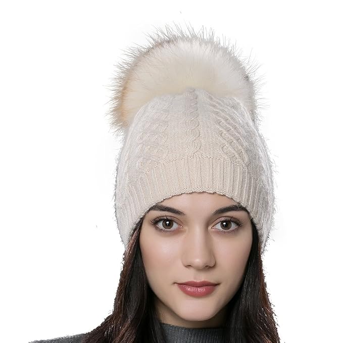 URSFUR Unisex Herbst Winter weiche und elastische Mütze aus Baumwoll mit Bommel aus Fuchspelz/Waschbär Fell Bommelmütze