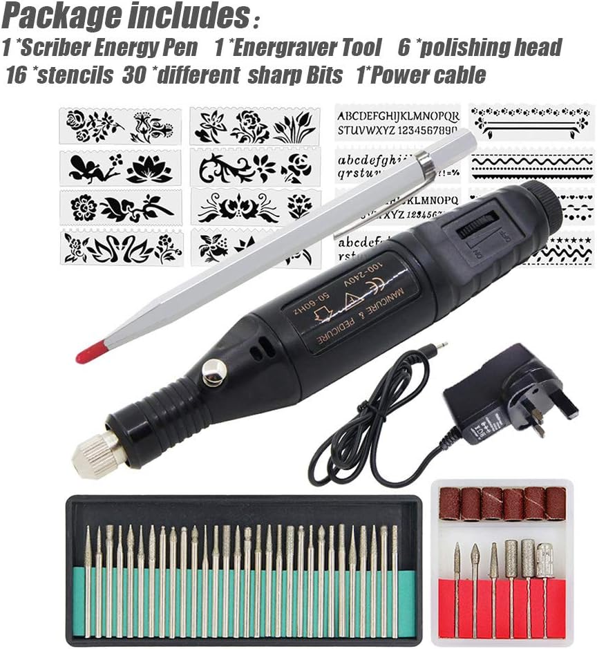 YZNlife Electric Micro Engraver Pen Mini DIY Engraving Tool Kit for Metal Glass Ceramic Plastic Wood Jewelry with Scriber Etcher 36 Bits and 18 Stencils