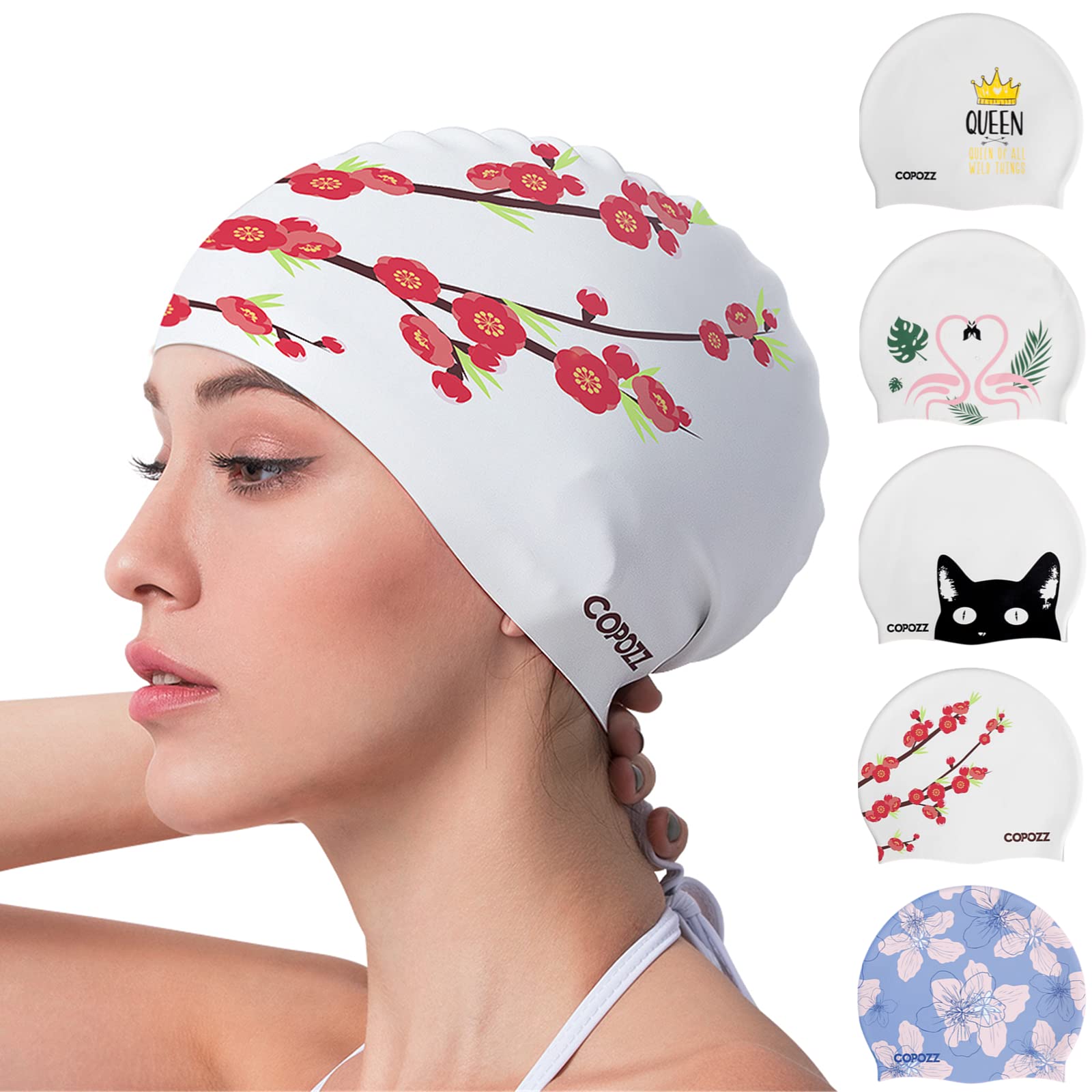 COPOZZ Swimming Cap Women, Adult Swim Cap for Hair and Ear Protection, Silicone Long Hair Swimming Cap for Women, which Keeps Hair Dry
