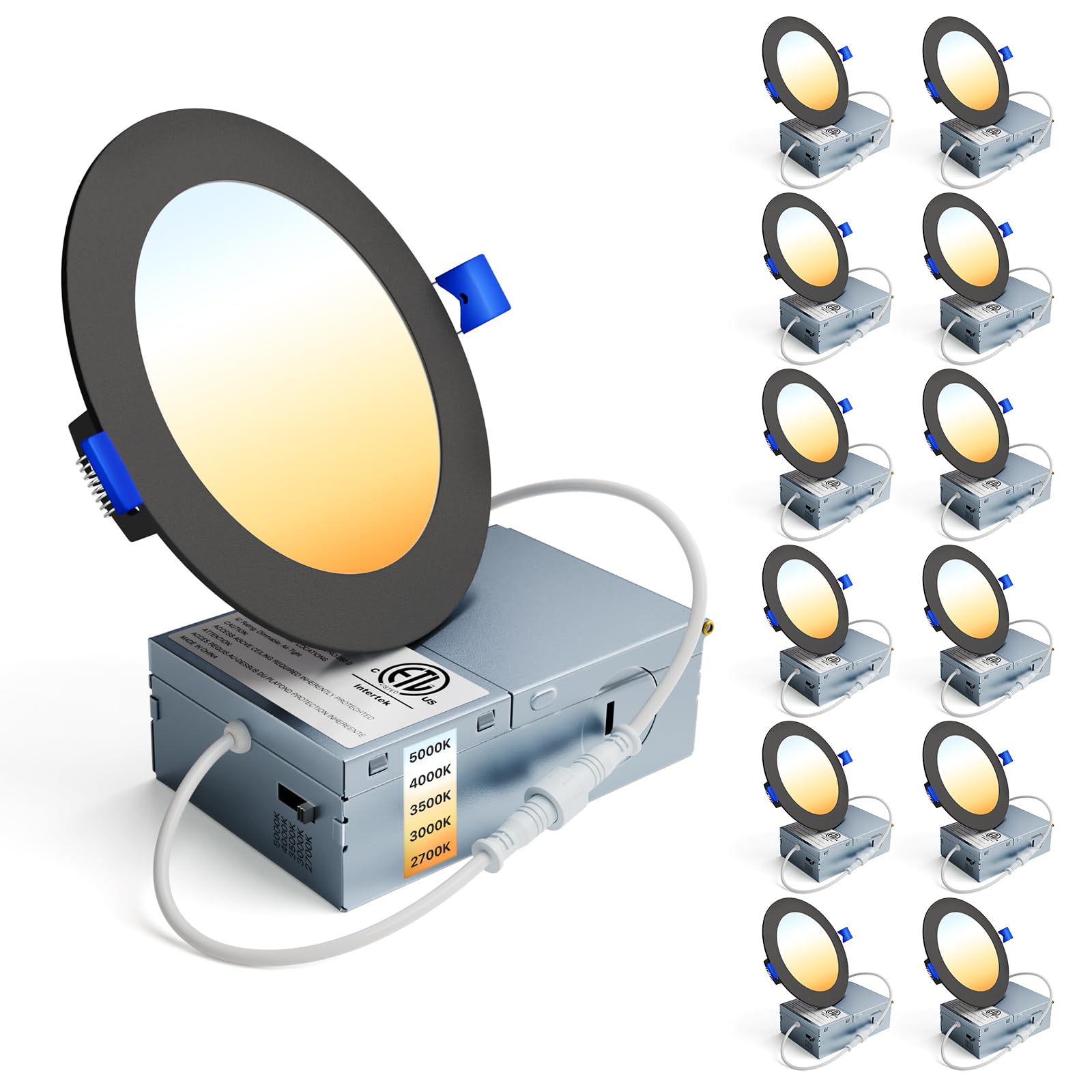 Ensenior 12 Pack 4 Inch LED Recessed Ceiling Light Black, Dimmable, 2700K-5000K 5CCT, 750LM 9W 120V, High Brightness Canless Wafer Downlight - ETL&FCC&IC Image Ensenior 12 Pack 4 Inch LED Recessed Ceiling Light Black, Dimmable, 2700K-5000K 5CCT, 750LM 9W 120V, High Brightness Canless Wafer Downlight - ETL&FCC&IC Image