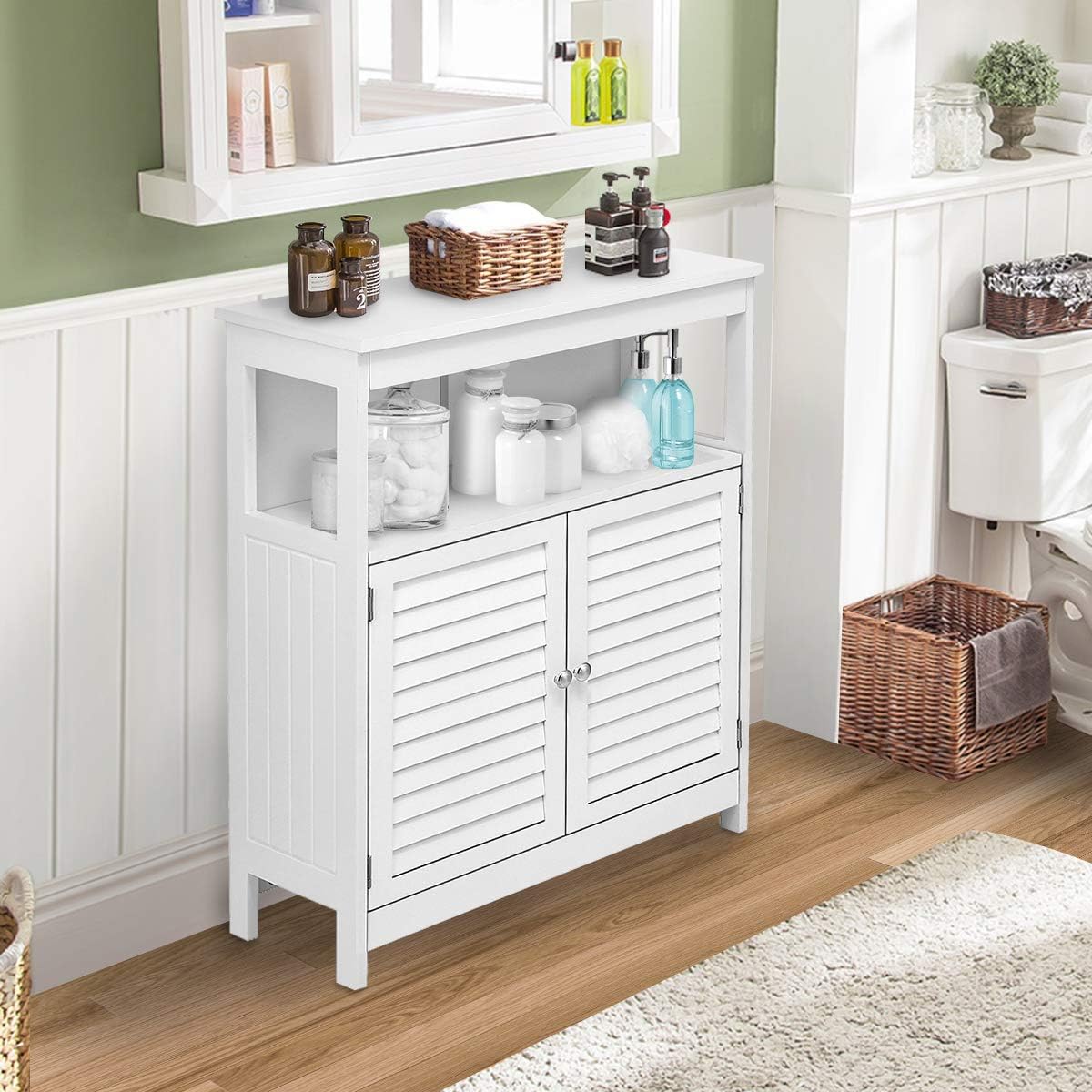 KINGSO Bathroom Floor Cabinet, Free Standing Bathroom Storage Cabinet with Double Shutter Door and Adjustable Shelf for Home Office-White: Furniture & Decor