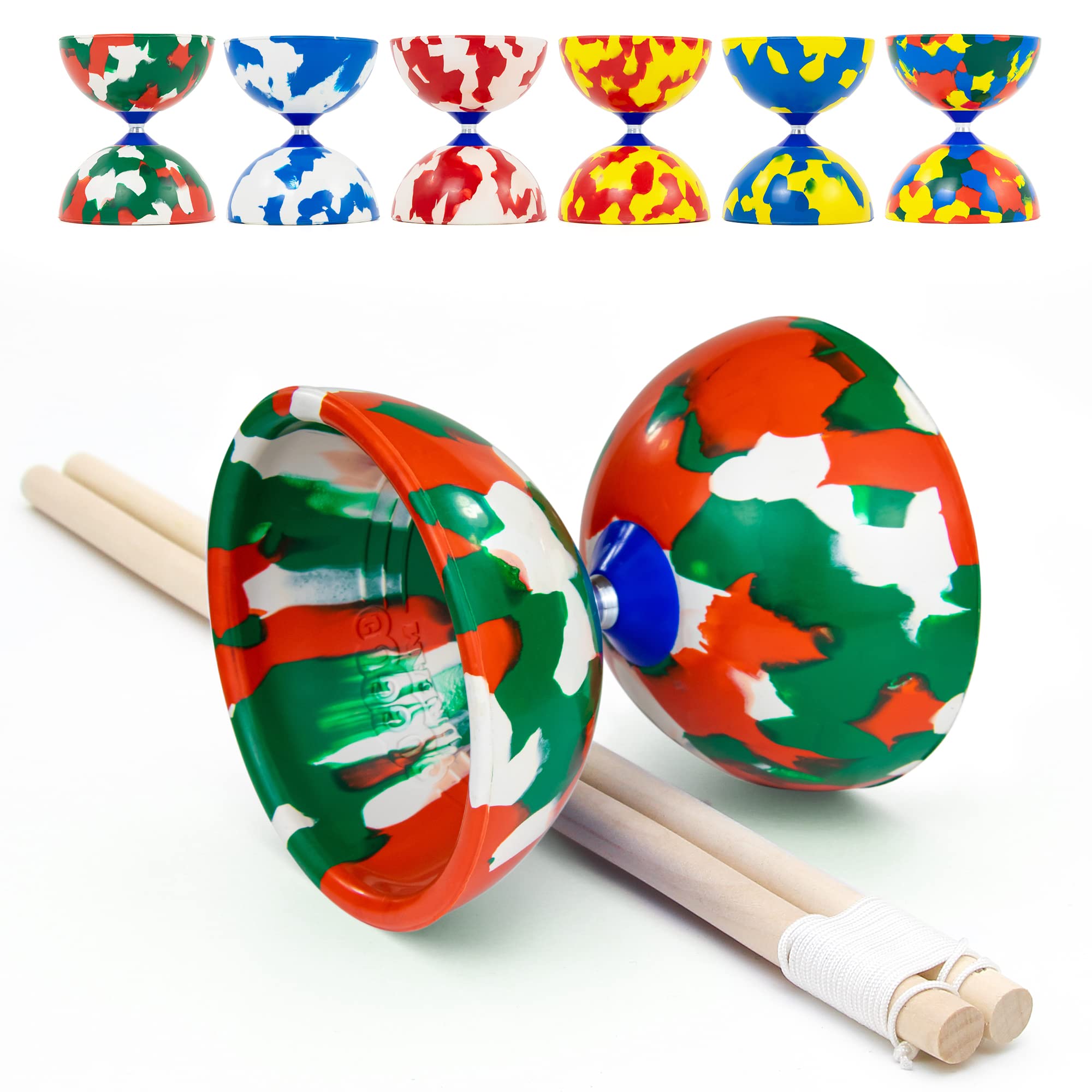 Juggle Dream Jester Diabolo Set - Fixed Axle Professional Diabolo with Wooden Handsticks and Online Learning Video - Juggling Toy (Green/White/Red)