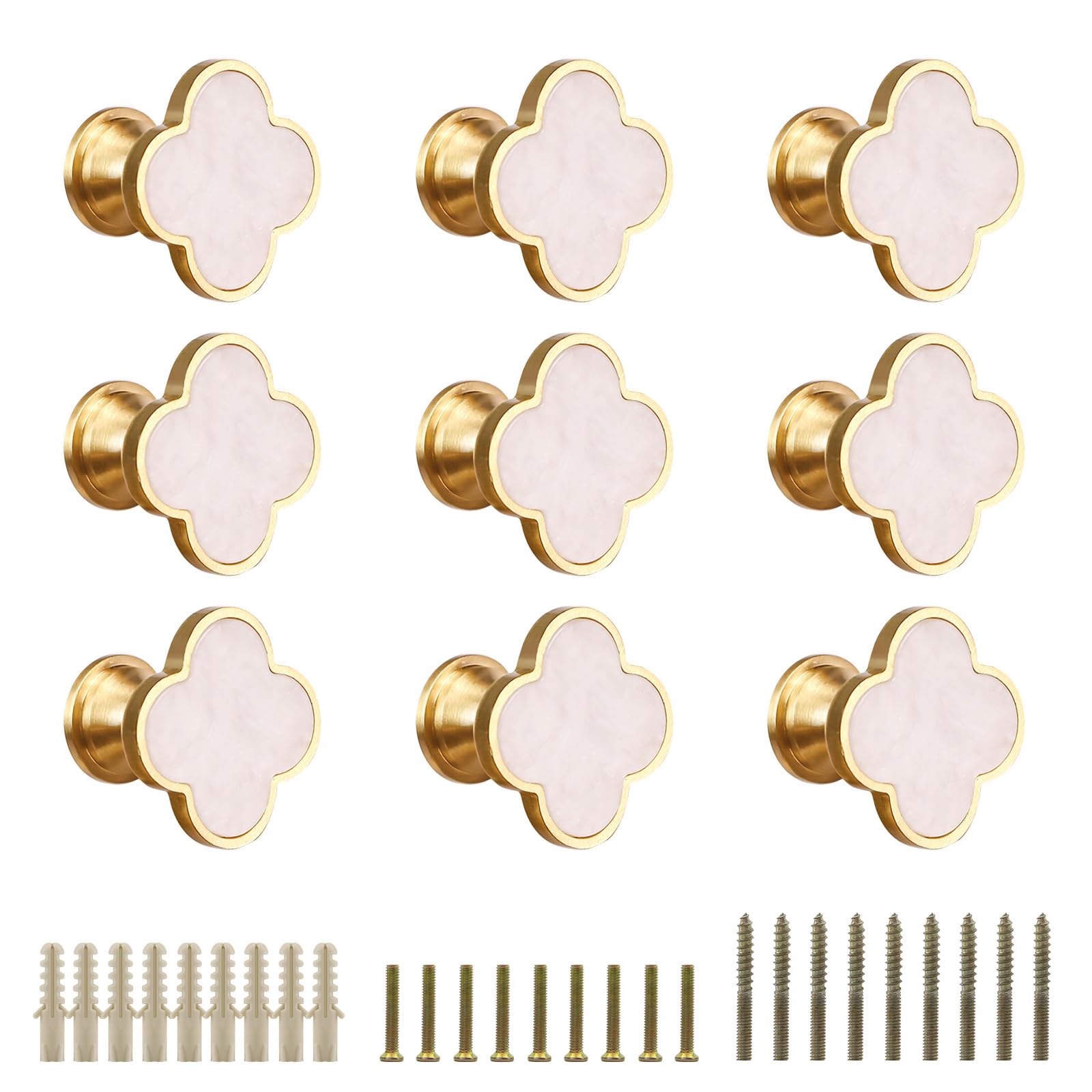 EVERGD 6/9pcs 28mm Four-Leaf Brass Gold Clover Knobs Cabinet Door Knobs Drawer Pulls with Screws, Handle Brushed Brass Dresser Drawer Pulls Handles Coat Hook Single Hole (Pearl White, 9)