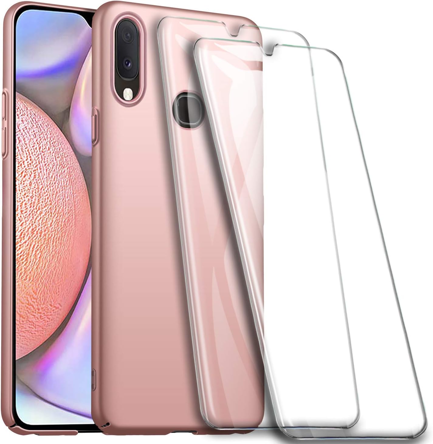 AOBOK for Samsung Galaxy A10S Case and Screen Protector, (3 Pack), Slim Sleek Hybrid Rubberised Hard Case, Shockproof Protection, HD Tempered Glass for Samsung Galaxy A10S Smartphone. Rose Gold