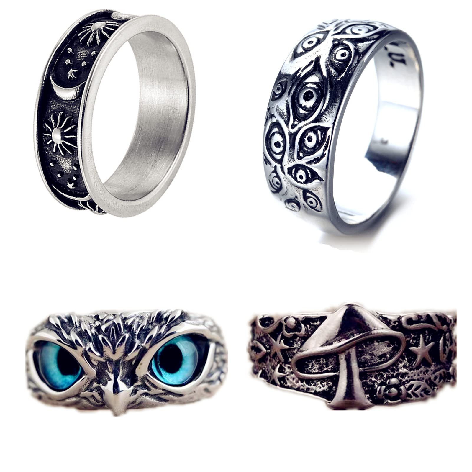 XHBTS 4 Pcs Owl Eye, Evil Eye, Mushroom Star Flower Mystic, Moon Star Sun Statement Rings - Cute Animal Open Rings Pack for Men & Women