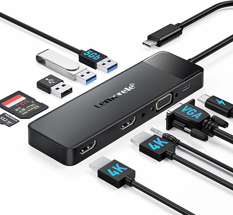 Lemorele 10-in-1 USB C Hub Dock 4K HDMI VGA PD 100W SD/TF 3x USB for HP
