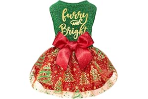 Fitwarm Furry and Bright Dog Christmas Outfit, Sparkly Pet Holiday Tulle Dress, Winter Clothes for Small Dogs - Girl, Christmas Tree Outfit - Red, Green, Golden, Medium