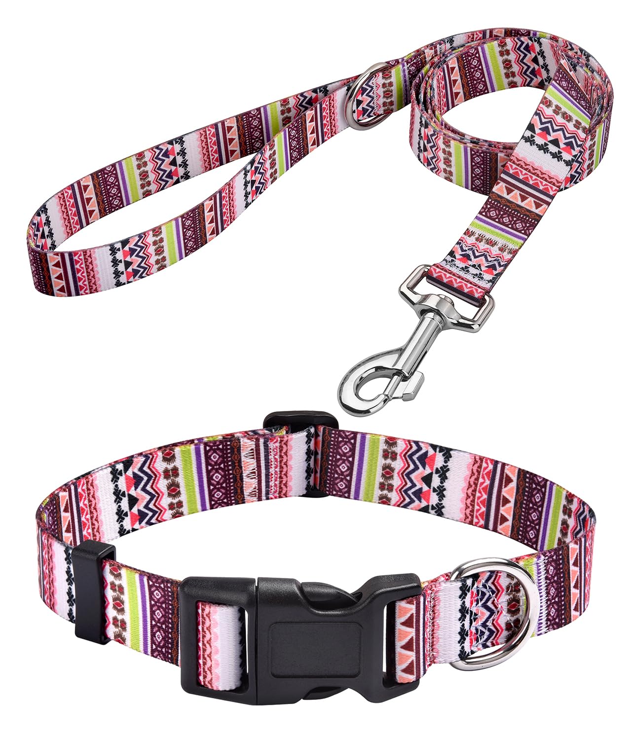 MarukoPet Dog Collar and Leash Set, Adjustable for Small Medium Large Dogs Puppy, Cute Design with Bohemia Floral Tribal Geometric Patterns Boys Girls Dog Collar(Pink Bohemia Set,L)