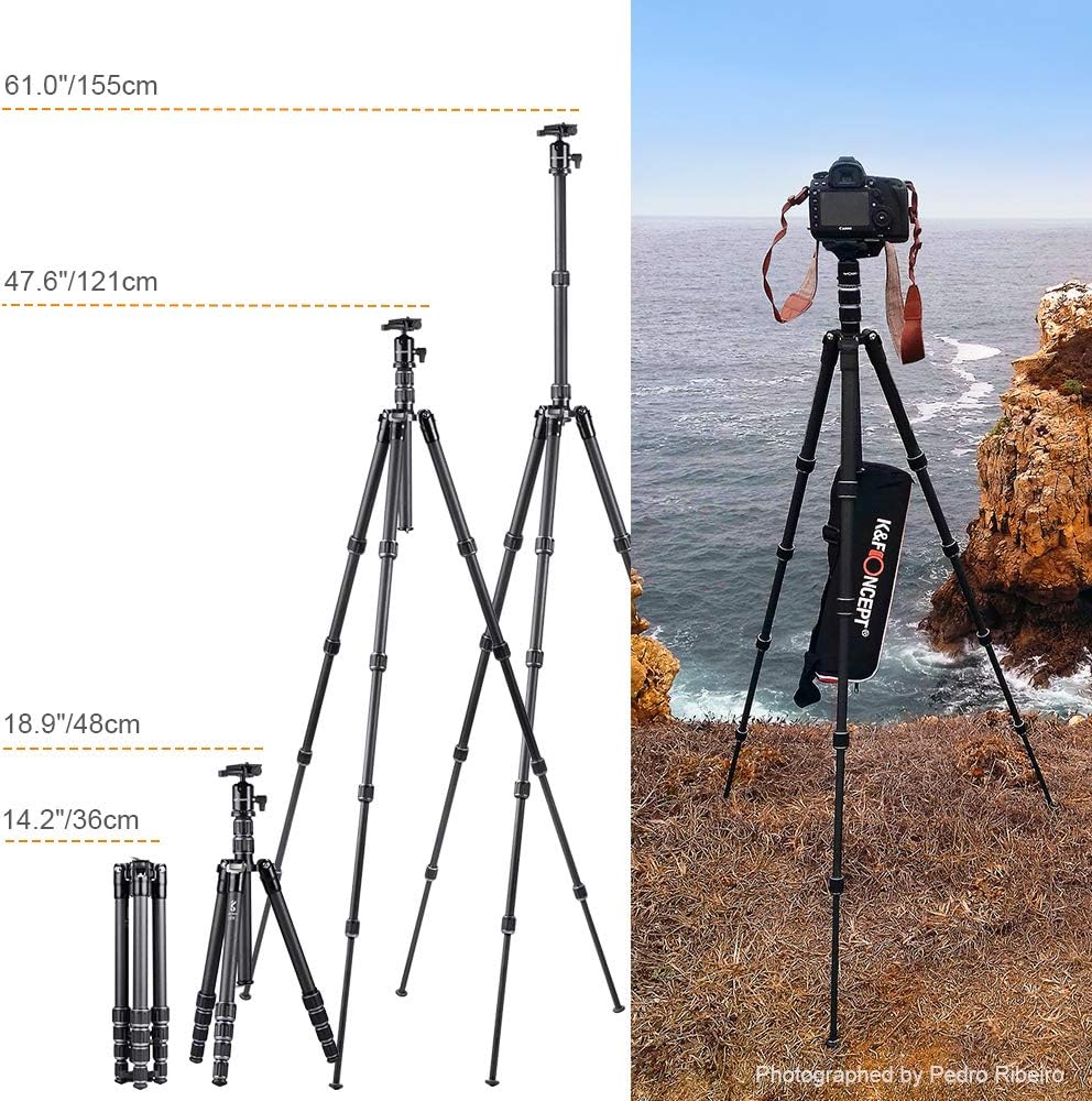 K&F Concept 61" Carbon Fiber Camera Tripod, B210 Professional Lightweight Compact Tripod with 2 Sections Central Column 360 Degree Ball Head and Carrying Case for Digital Camera/Camcorder : Camera & Photo