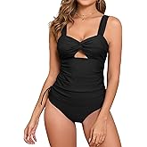 ZAFUL Women’s Ruched Tankini Swimsuits Twist Front Cutout Two Piece Bathing Suits with Bottom Tummy Control Swimwear Black L