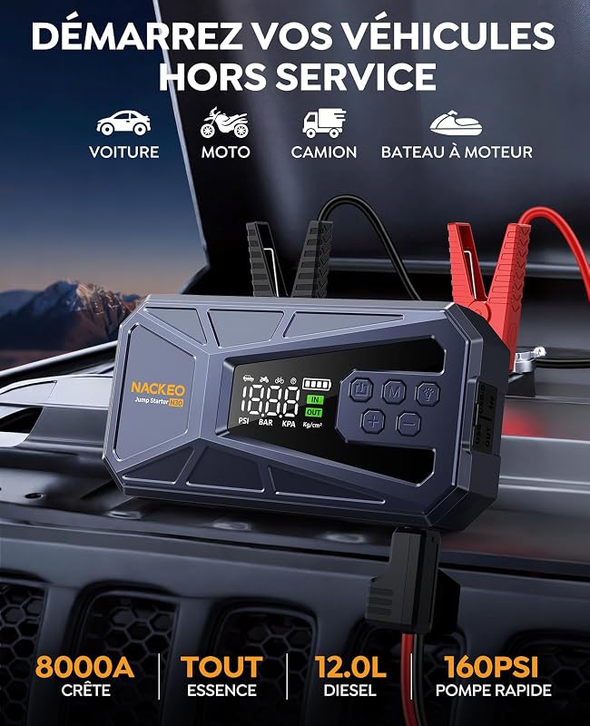 Booster Batterie Voiture 8000A avec Compresseur 160PSI, 12V Booster Voiture Portable (Essence & Diesel 12L), Démarreur Batterie Voiture avec Écran LCD,Eclairage de Secours,Banque d'alimentation
