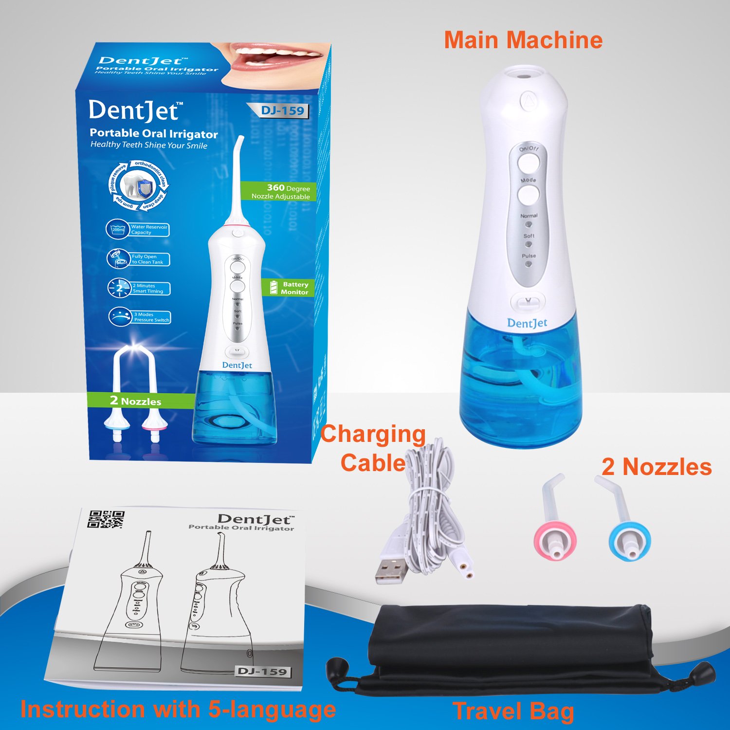 Oral Irrigator Cordless Water Flosser Rechargeable, DentJet 200ml Waterproof Water Pick for Teeth Portable Teeth Cleaning Kit with 3 Modes for Travel and Household (DJ-159 New Design)