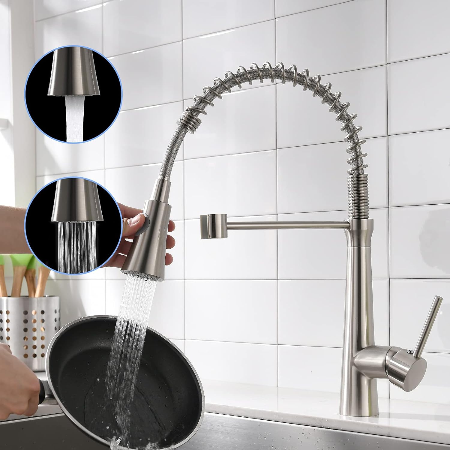 WANMAI Kitchen Faucets with Pull Down Sprayer Single Handle High Arc Kitchen Sink Faucet, Brushed Nickel Kitchen Faucet - - 