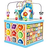 Qilay Wooden Activity Cube for Toddlers, 5 in 1 Multipurpose ABC-123 Abacus Early Educational Montessori Toys, Learning Toys for 3 Year Old | Bead Maze, Great for Boys Girls
