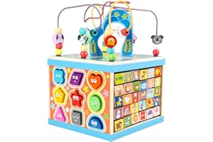 Qilay Wooden Activity Cube for Toddlers, 5 in 1 Multipurpose ABC-123 Abacus Early Educational Montessori Toys, Learning Toys for 3 Year Old | Bead Maze, Great for Boys Girls