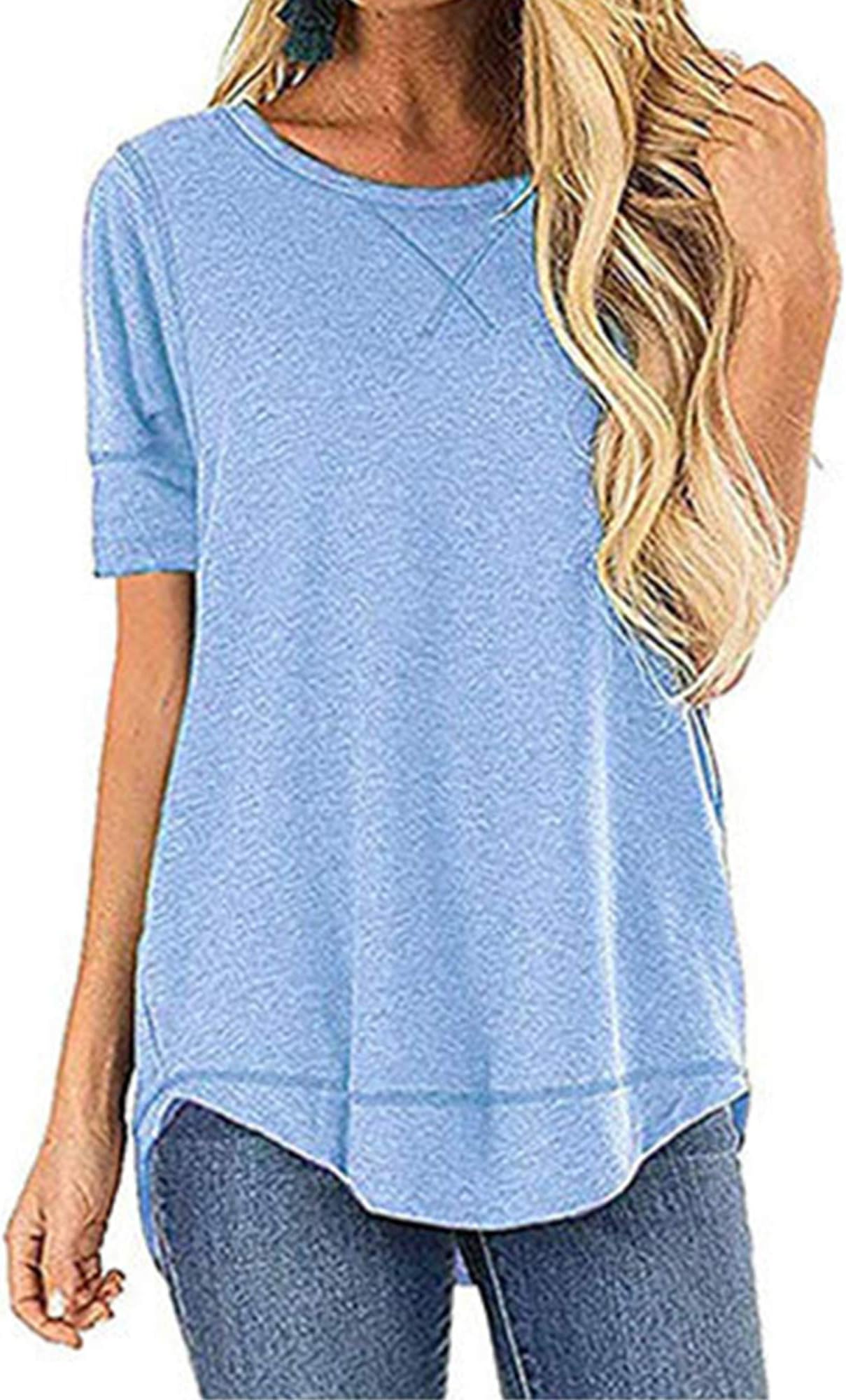 CUTEKOLVE Women's Loose Fit T Shirts Cotton Casual Side Split Long Sleeve T-Shirt Crew Neck Short Sleeve Tunic Tops
