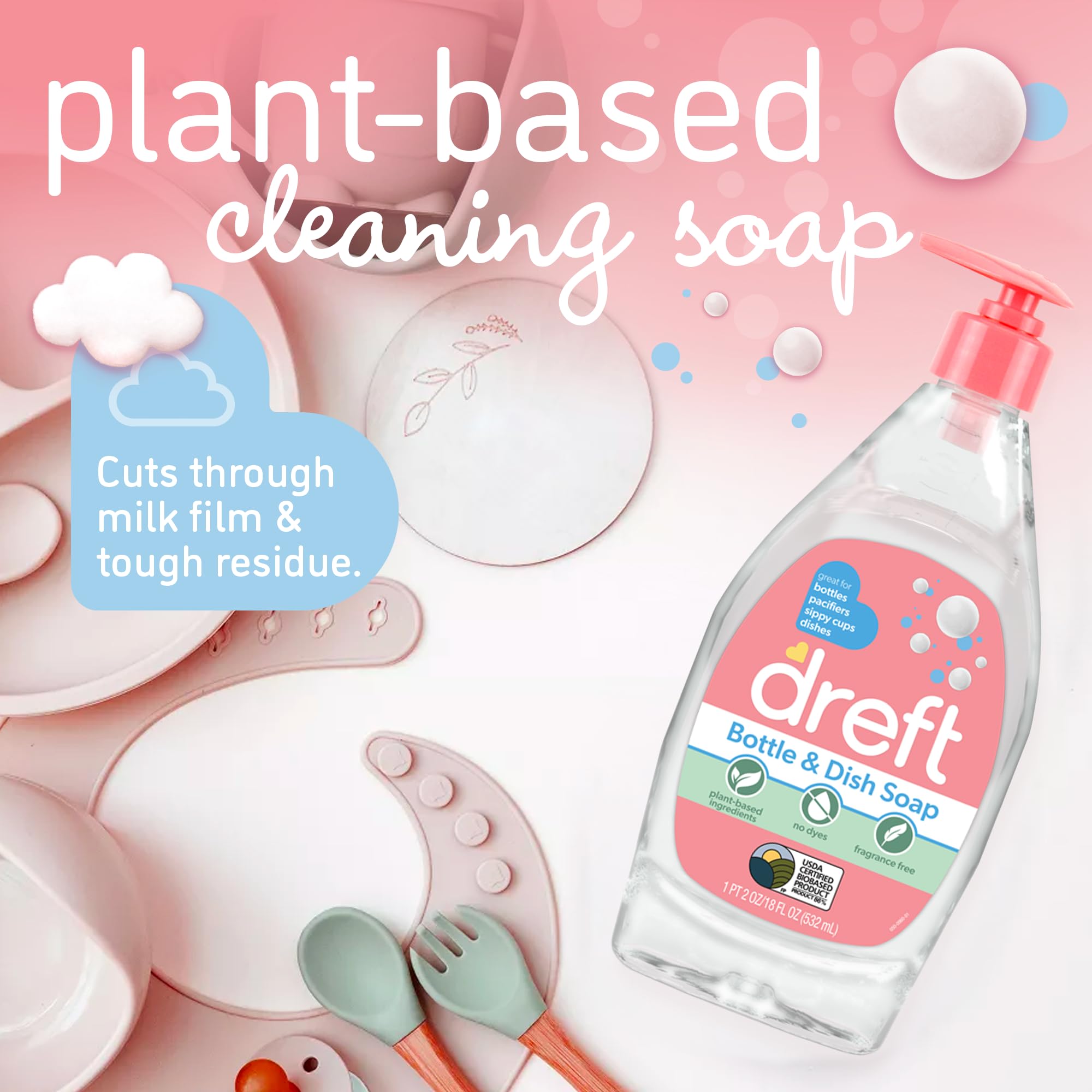 DREFT Bottle and Dish Soap | Made to Clean Baby Bottles, Sippy Cups, Pacifiers, Breast Pumps, & More | Gently Removes Milk Film & Odors | Plant Based, Fragrance Free Dish Soap | 18 Fl Oz (Pack of 3)