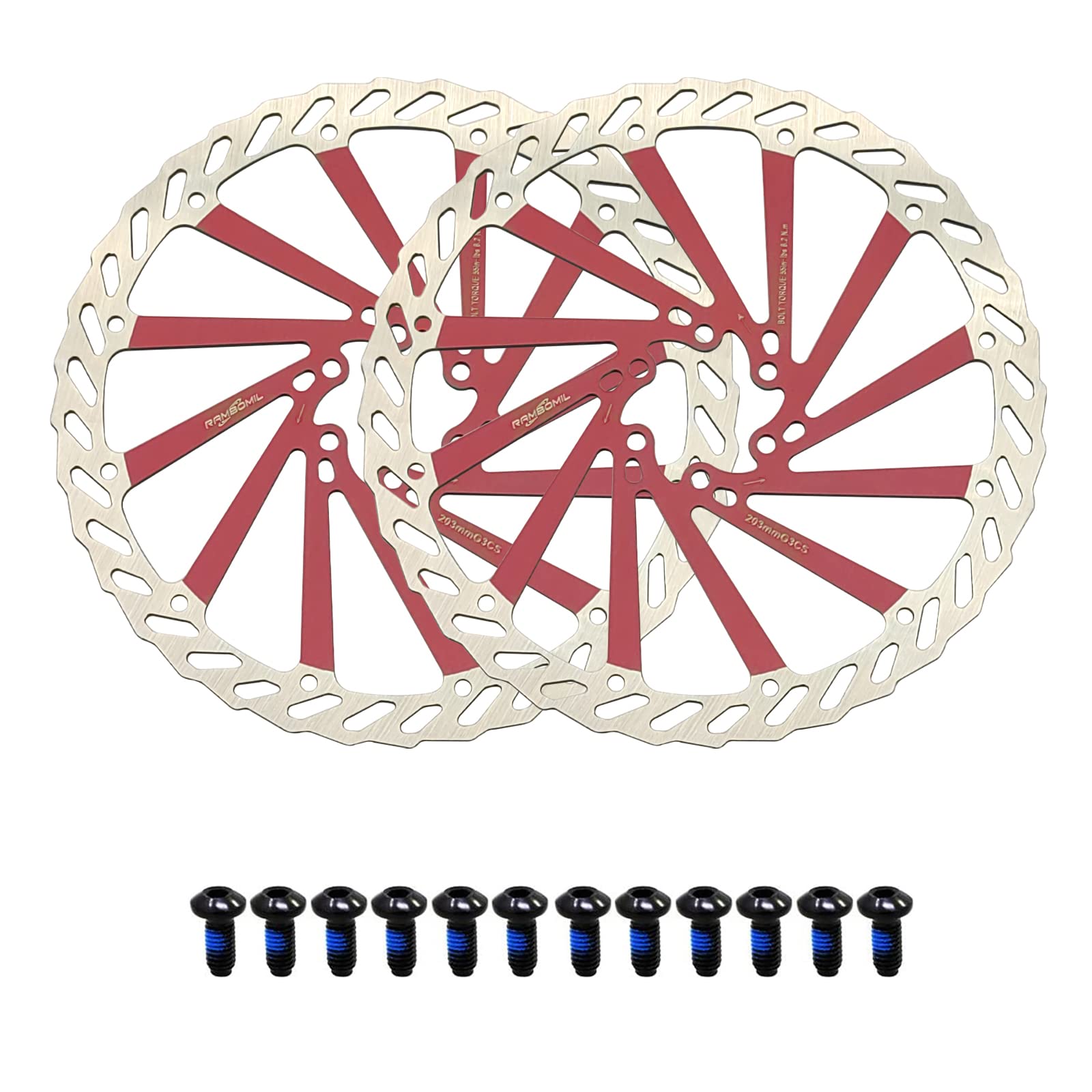 Jane Eyre 180 mm Bicycle Brake Disc 2 Pieces Disc Brake Bicycle Rotor with 12 Screws Suitable for Most Bicycles, Road Bikes, Mountain Bikes, BMX MTB (Red 203 mm)