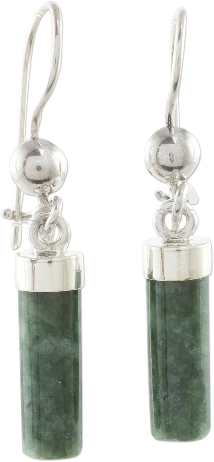 NOVICA Jade .925 Sterling Silver Dangle Earrings, Apple Green Mayan Pillars'