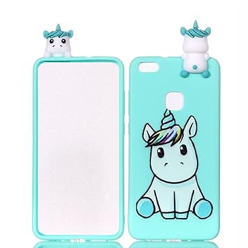 Sunrive Für Huawei P10 Lite Hülle Silikon, Handyhülle matt Schutzhülle Etui 3D Case Backcover für Huawei P10 Lite(L Einhorn 2