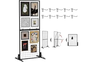 RCZSCBK Grid Wall Display Panel Heavy-Duty Foldable, 2ft x 6ft Black Wire Wall Grid 1-Pack with 10 Hooks, Spring-Loaded Pins( Flat Base) for Retail Display Racks,Vendor Booth Display Stand, Trade Exhibits