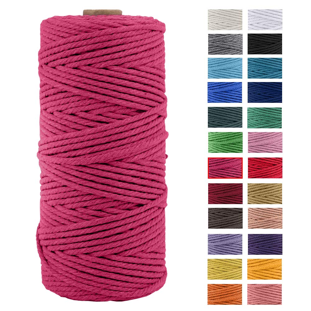 JeogYong Macrame Cord Thick Natural Cotton Cord Yarn 4-ply Macrame Rope for Wall Hangings, Plant Hangers, DIY Crafts, Home Decorations, Gift Wrapping Diameter 3mm Length 109 Yards (Rose red)