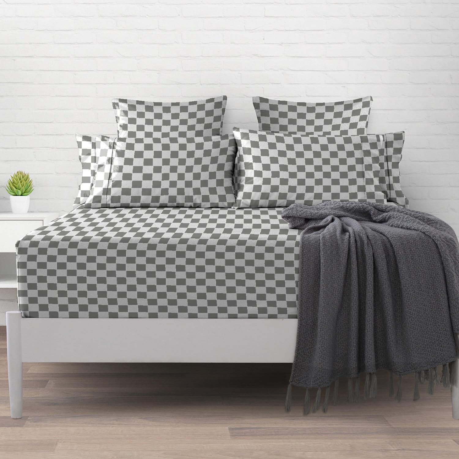 Pizuna Cotton Smart Checks Grey Print Fitted Sheet Small Single 1 Pc, 400 thread Count 100% Long Staple Sateen Cotton Single Printed Bed Sheets 80x200 of 40 cm Deep Pocket (Printed Cotton Bedding) — image 1