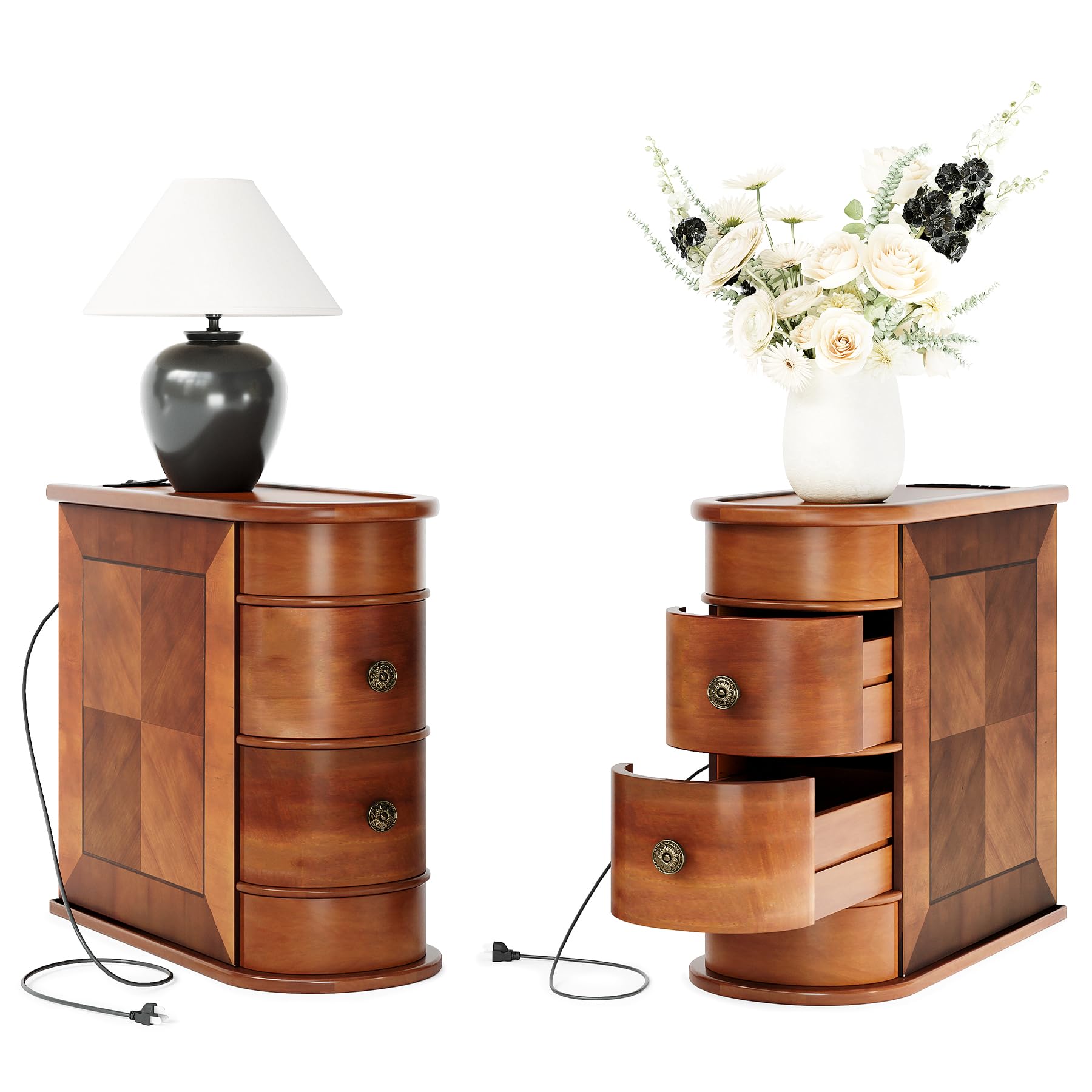 Photo 1 of **PARTIAL SET ONLY 1** LITTLE TREE Set of 2 End Table with Charging Station, No Assembly Required Brown Side Table with 2 Drawers, Closed Back Slim Bedside Table for Bedroom, Wooden Chair Side Accent Table for Living Room