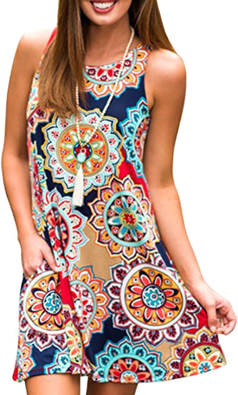 Defal Women's Summer Sexy Round Neck Sleeveless Damask Tunic Tops Casual Floral Print T-Shirt Dress with Pocket for Legging