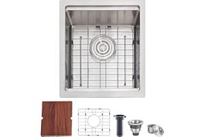 UFaucet 15x17 Inch Undermount Bar Sink Stainless Steel Small Kitchen Sink High-end Handmade Wet Bar Prep Sink 16 Gauge Workstation RV Sink with Cutting Board&Stainless Steel Grid&Strainer