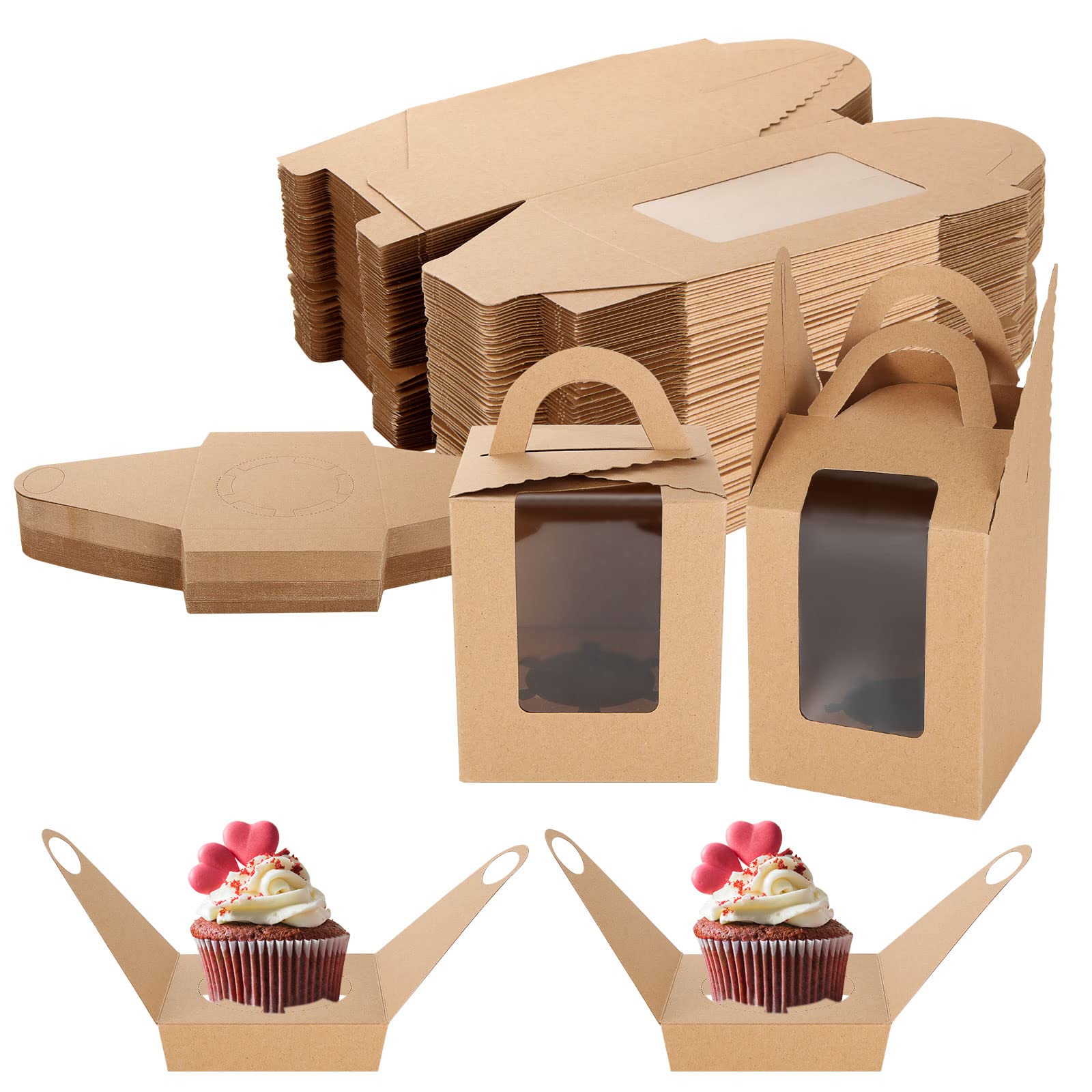 GOYADA 100 Pack Individual Cupcake Boxes, 9.5x9.5x11cm Single Cupcake Box with Window, Cupcake Carrier Holder with Handle and Insert for Muffin, Cupcake, Pastries