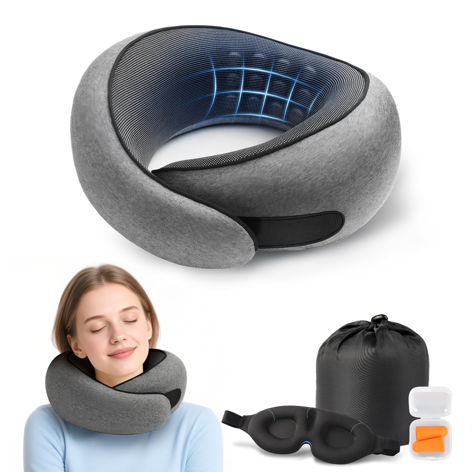 Photo 1 of Purroch Advanced Memory Foam Neck Travel Pillow, Neck Pillow Airplane with Eye Mask & Ear Plugs, Designed for The Comfort of Travel & Office, Travel Pillow for Plane, Car, Home, Work, Dark Grey