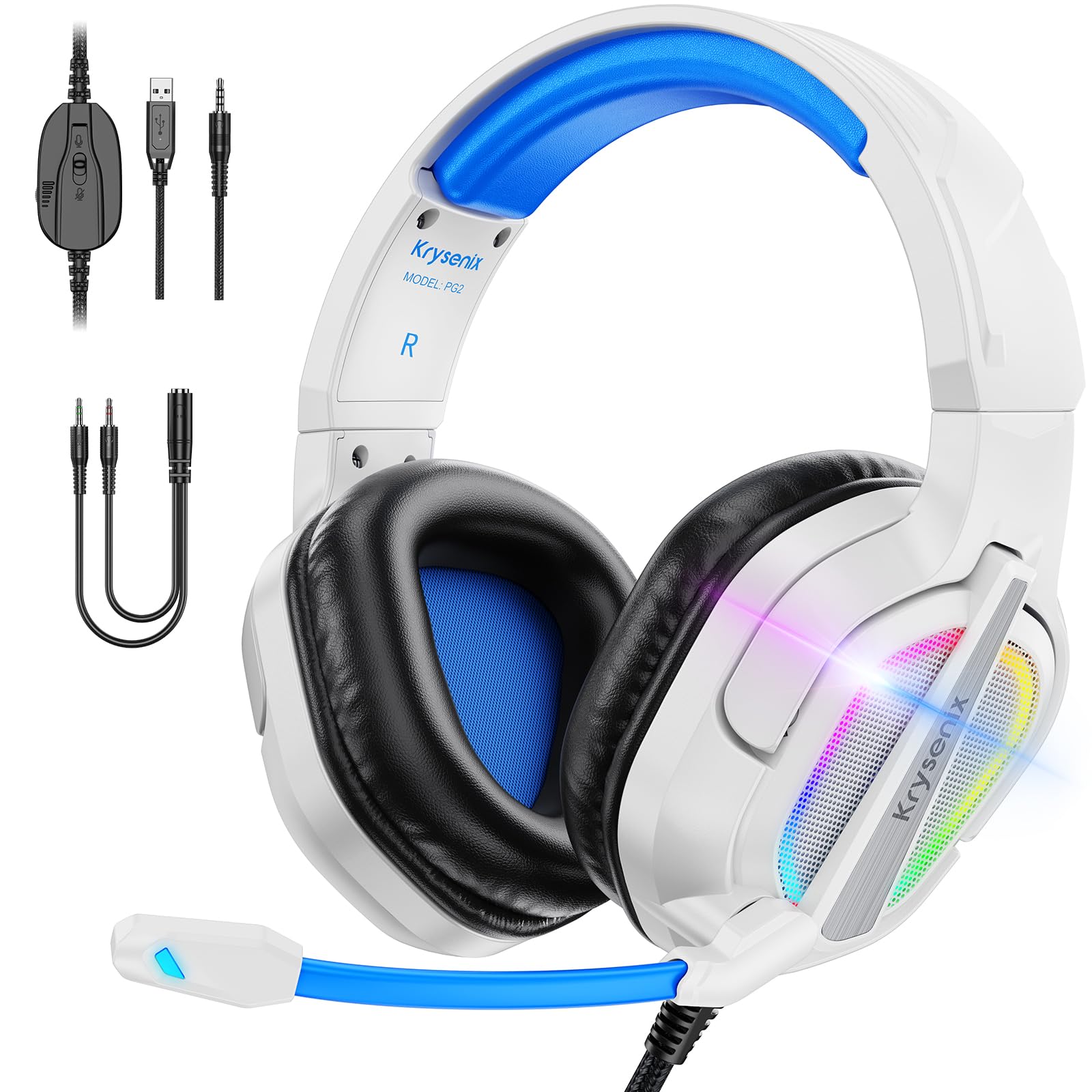 Krysenix PG2 RGB Gaming Headset für PS4, PS5, PC, Xbox,Switch,Ps5 Gaming Headset mit Mikrofon, Over-Ear Kopfhörer,Ps4 Kopfhörer mit 3,5mm Klinke,Azurblau Weiß