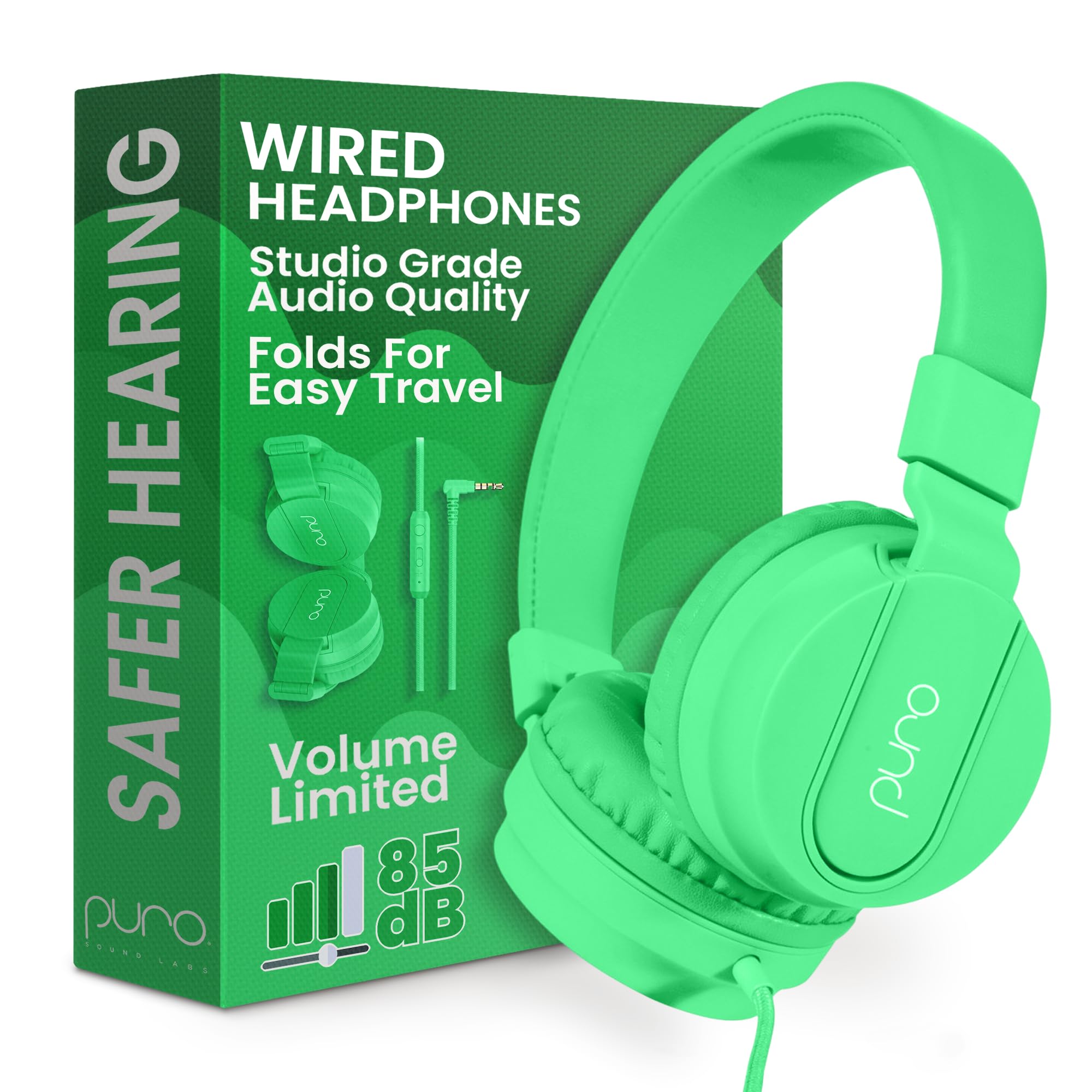 Puro Sound Labs PuroBasic Volume Limiting Wired Headphones for Kids, Foldable and Adjustable Headband with Microphone, Compatible with Smartphones, Tablets and PC - Green