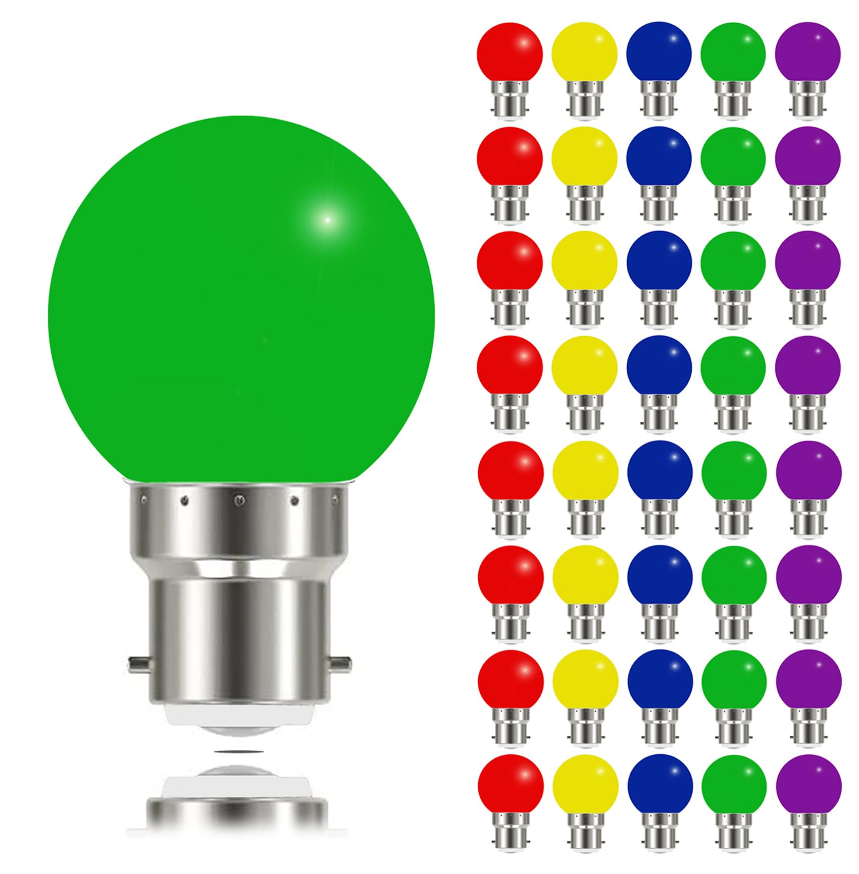 40 Pack Coloured Light Bulbs Bayonet B22 3W, Not dimmable, Garden Light Bulb, Multicoloured Bulb for Outdoor Indoor String Wedding Party Bar Mood Ambiance Decor (Red Yellow Blue Green Purple)