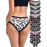 Morvia Women's Gothic Halloween Hipster Panties, Black Lace Trim, 10 Pack Spooky Pattern Collection with Bats, Skulls