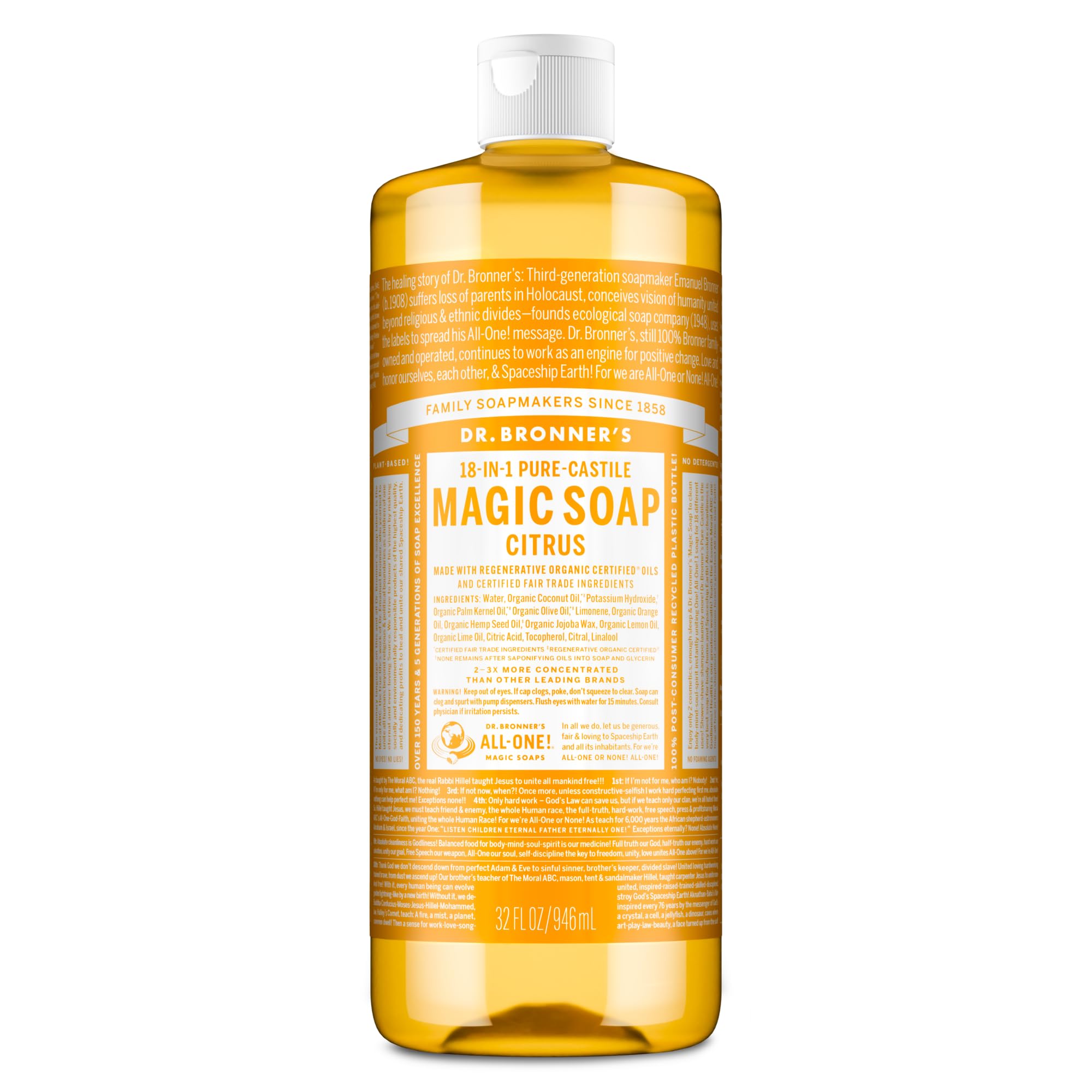 Dr Bronner's 18-in-1 Citrus Orange Pure-Castile Liquid Soap, Made with Organic Oils, Used for Face, Body, Hair, Laundry, Pets and Dishes, Certified Fair Trade & Vegan Friendly, 946ml Recycled Bottle