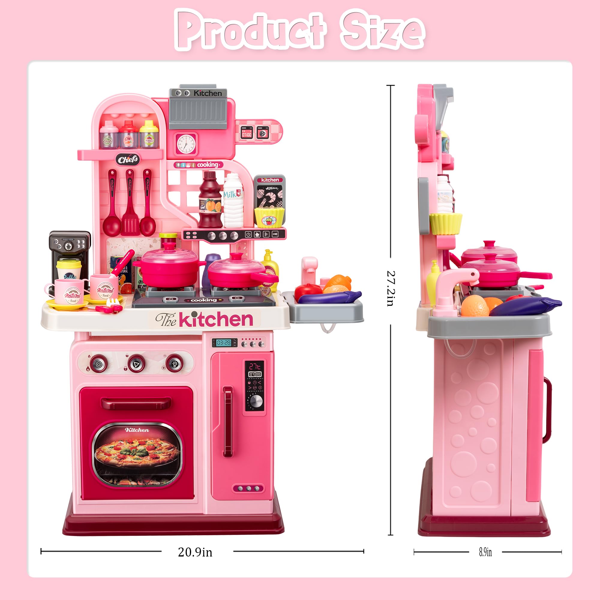 Kids Kitchen Playset-53pcs Cooking Stove,Paly Sink,Oven,Kitchen Toys with Realistic Lights&Sounds，Pretend Play Toys,Kitchen Toys for Toddlers 1 2 3 (Pink)