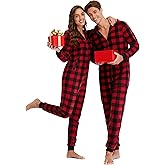 COLORFULLEAF Matching Couple Fleece Onesies with Hood - Plaid Christmas Pajama Set, Warm Zipper Jumpsuit Pjs for Women & Men