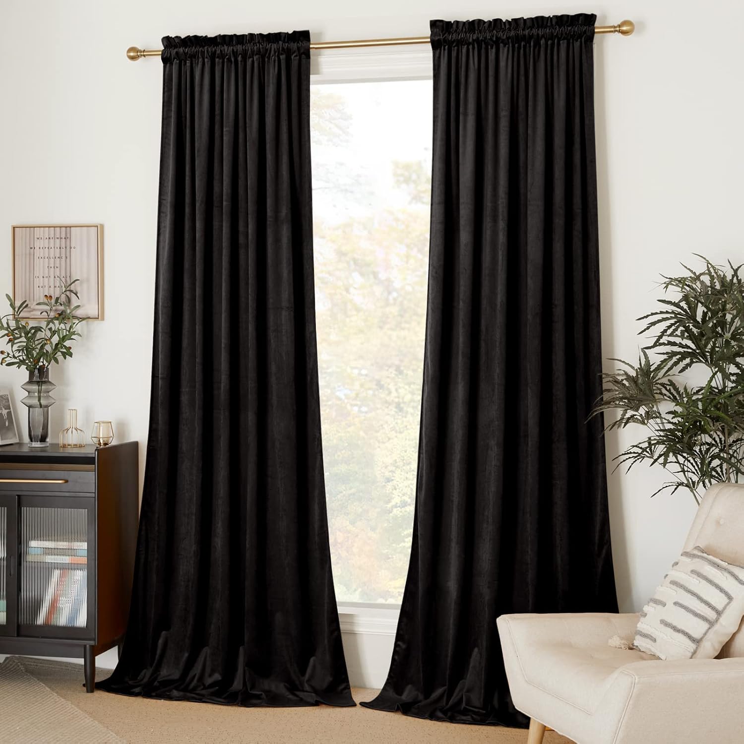 Window Treatments - NICETOWN Halloween Black Velvet Blackout Curtains, Solid Heavy Matt Rod Pocket Drapes/Window Treatments for Hall, Theater (2 Pieces, 96 inches Long)