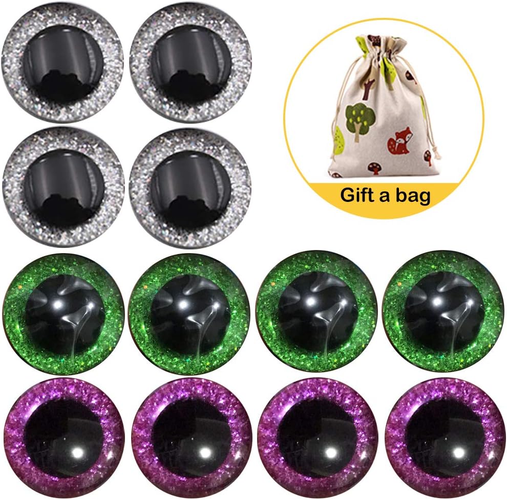KOOSUFA 12 Pcs 6 Colors Plastic Safety Eyes Glitter 9mm 12mm 14mm 16mm 18mm 20mm 25mm Round Eyes for Doll Teddy Bear Puppet Toy Plush Animal and DIY Craft Making (Silver+Green+Purple, 12 Pcs-25mm)
