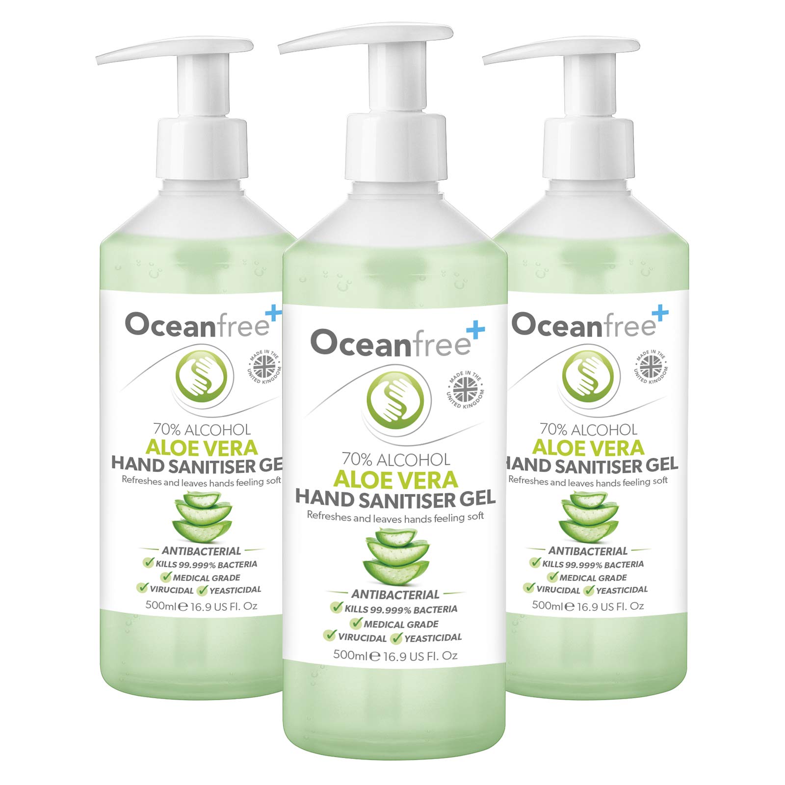 Aloe Vera Hand Sanitiser Gel - 500ml Pump Bottle - 70% Alcohol - Made in the UK (Pack of 3)