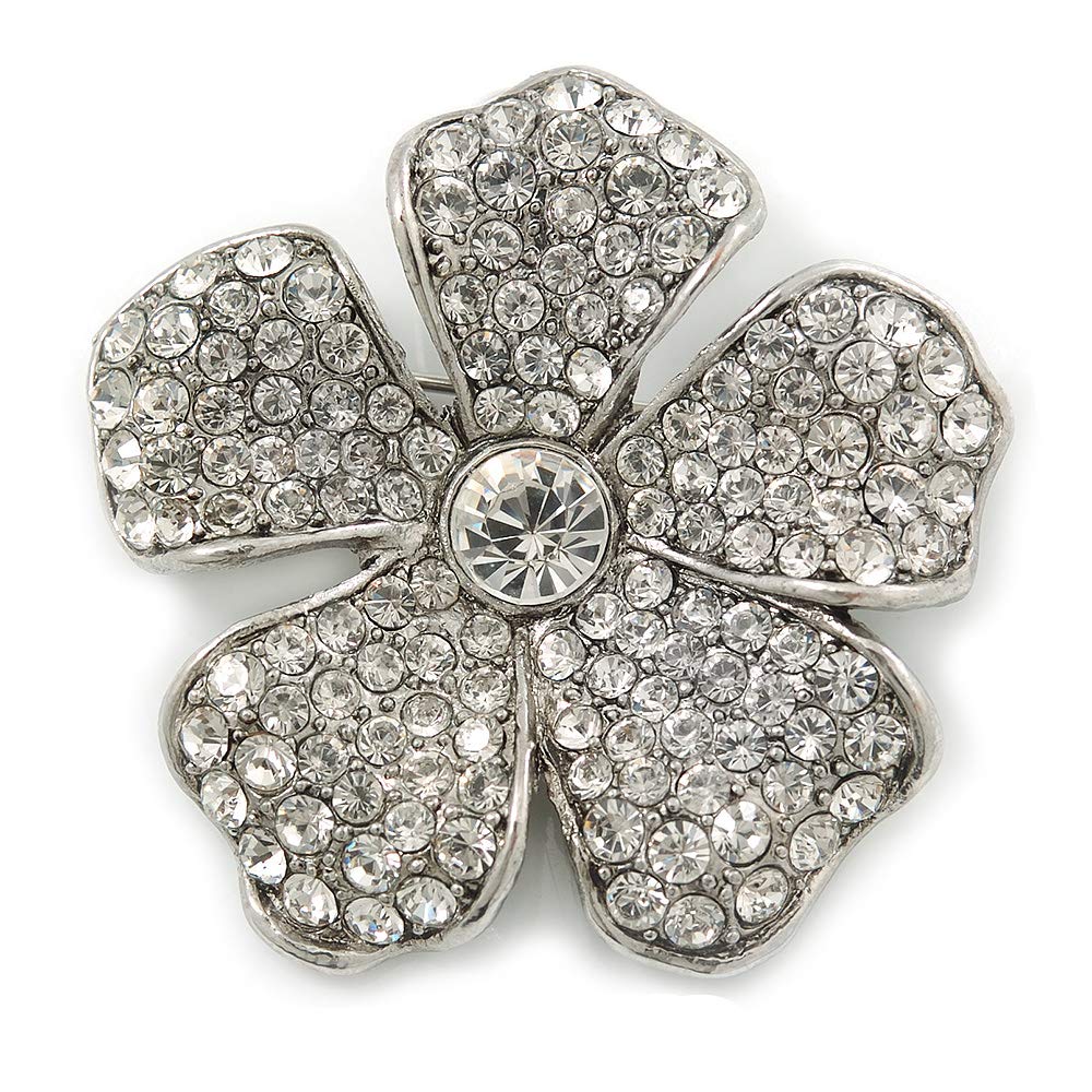 Rhodium Plated Clear Diamante 'Flower' Brooch - 45mm Across