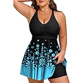 HUSKARY Plus Size Tankini Swimsuits for Women Tummy Control V Neck Hide Belly Bathing Suits Two Piece with Swim Shorts