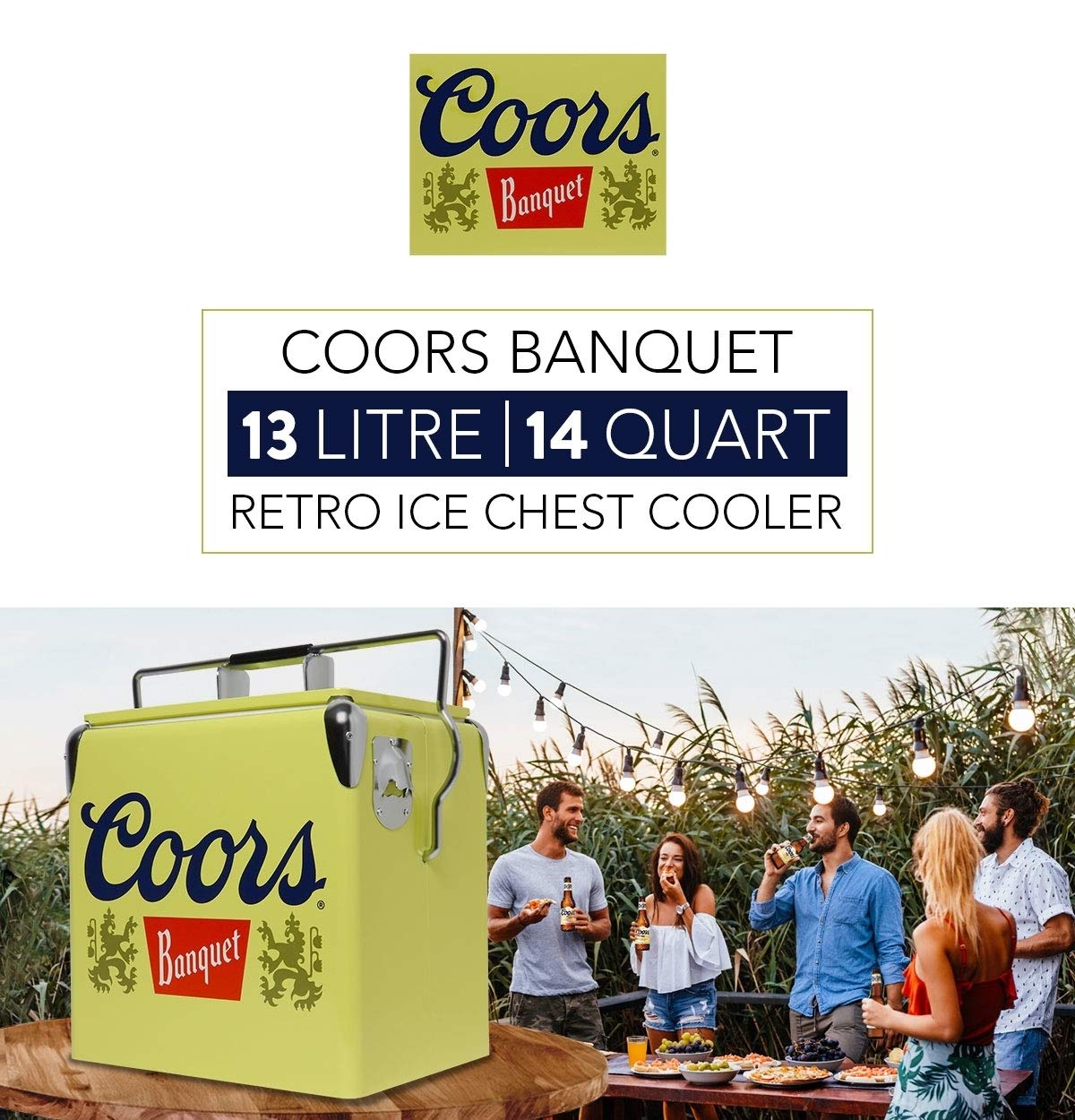 Koolatron Coors Banquet Retro Ice Chest Cooler with Bottle Opener 13L (14 qt), 18 Can Capacity, Yellow and Silver, Vintage Style Ice Bucket for Camping, Beach, Picnic, RV, BBQs, Tailgating, Fishing