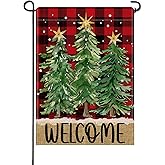Artofy Welcome Christmas Tree Small Decorative Garden Flag, Xmas Pine Trees Buffalo Plaid Farmhouse Yard Lawn Outside Decor, Winter Holiday Burlap Outdoor Home Decoration Double Sided 12 x 18