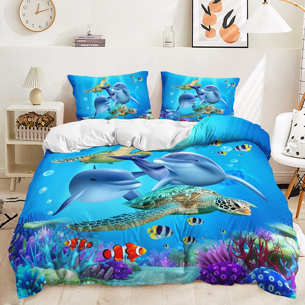 HAVOP Dolphin Duvet Cover Set Single Size 3D Bedding Kids Boys Girls Dolphin Turtle Sea Animals Print 3d Comforter Cover Soft Quilt Cover All Season Bedding Set Blue